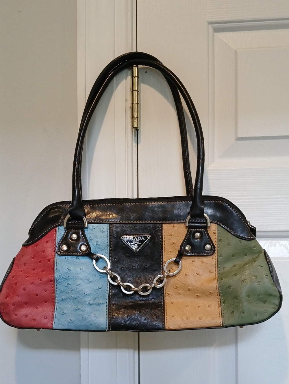 Y2K Vintage Ostrich Texture Leather Patchwork Shoulder Bag Chain  Purse